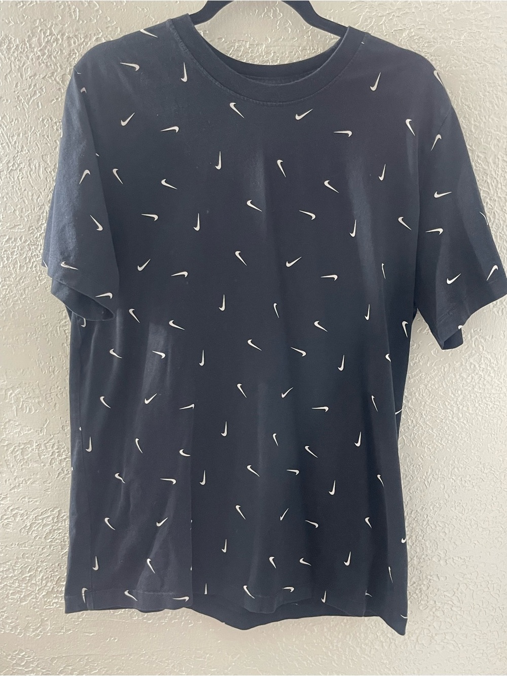 Nike Black Tee with All-Over White Swoosh Print Large
